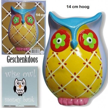 Spaarpot uil blauw rose geel rood paars 14 cm