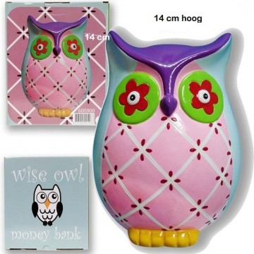 Spaarpot uil roze paars blauw groen geel 14 cm